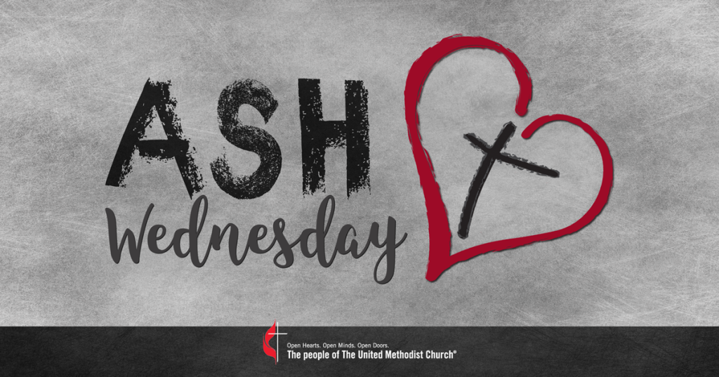 Image in black gray with written Ash Wednesday and a cross in black. A red outline in the shape of a heart outlines the cross.